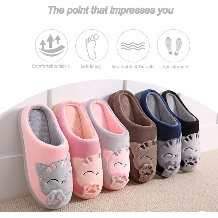 Чоловічі та жіночі тапочки Shaine з бавовни з котиком, теплі, плюшеві, антиковзні, зручні, чорні, 36/37 EU