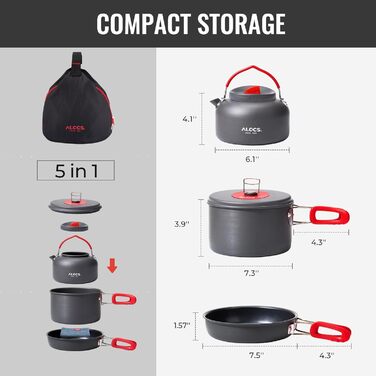 Набір кухонного посуду Alocs для кемпінгу: каструлі, сковорідки та чайник. Легкий набір для кемпінгу, пікніків та подорожей. У комплекті сітчаста сумка.