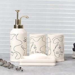4-Piece Ceramic Bathroom Set, Artistic Line Face Bathroom Accessories Set with Soap Dispenser, Toothbrush Holder, Cup, Soap Dish, Abstract Bathroom Set for Decor, Cream