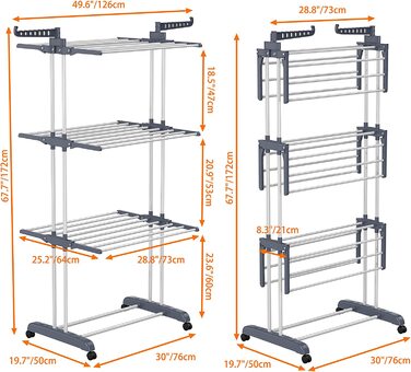 HOMIDEC Clothes Drying Rack Clothes Dryer Tower with Wheels, Space-Saving - with 6 Folding Wings and 2 Swivel Side Wings, Stainless Steel Standing Dryer Clothes Tower for Indoor and Outdoor Use, Grey Grey XL