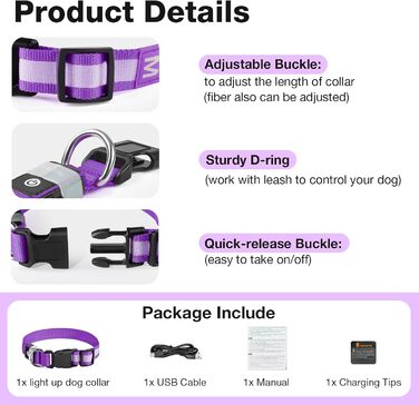 Світлодіодне нашийник для собак Leuchthalsband, водонепроникний, 7 кольорів, регульований, для малих та великих собак, блакитний (Lila, S)