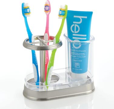 mDesign Toothbrush Holder - high-quality toothbrush cup made of plastic for bathroom sink or vanity - practical holder for toothbrushes and toothpaste - white and matte silver (Transparent/Brushed)