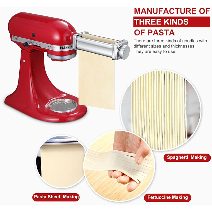 Насадка для приготування пасти Gdrtwwh для кухонного міксера KitchenAid, набір: ролик для тіста, різак для спагеті, ролик для локшини та щітка, нержавіюча сталь, ручний