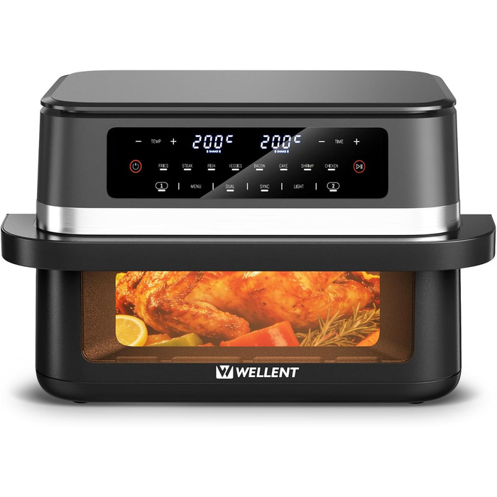 Аерофритюрниця WELLENT 12L Dual Zone XXL - 2950W з двома камерами (6+6L) з оглядовим вікном, функцією Match & Sync, нагадуванням про струшування, придатна для миття в посудомийній машині