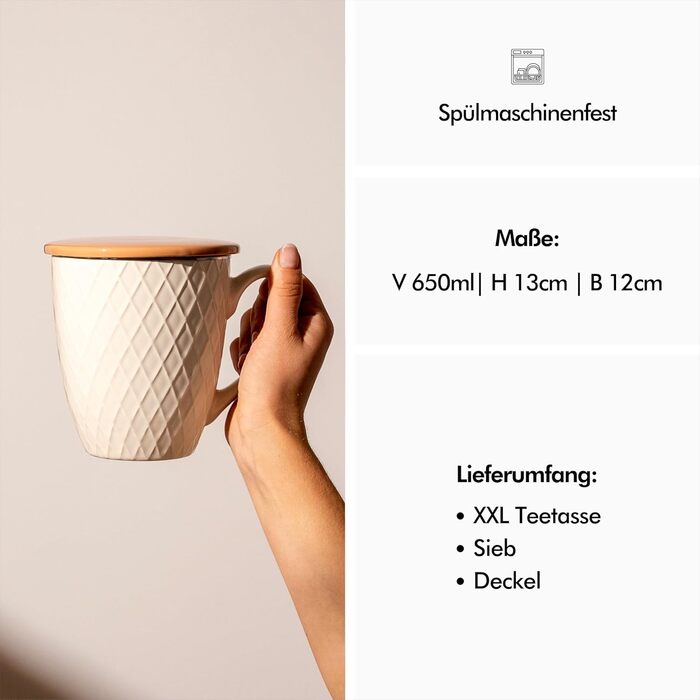 KIVY® Teacup with Lid and Infuser [XXL - 650ml] - Teacup with Infuser - Large Teacup with Infuser Insert - Tea Gifts for Women - XXL Mug - Large Mug with Lid - Jumbo Mug - Dishwasher Safe