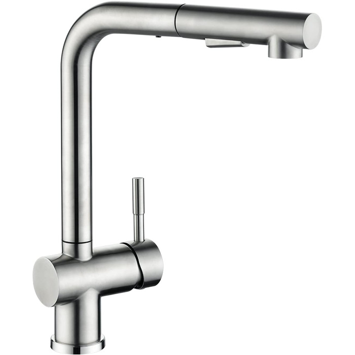 Змішувач кухонний CECIPA Hochdruck, висувна модель з донцем, шлангом та двома струменями, чорний, нержавіюча сталь, 360° обертання, ×207B (L-подібний, матовий нержавіюча сталь)