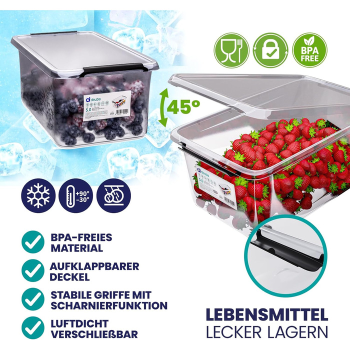 Deuba® 10x Storage Box with Lid - Plastic Boxes, Food Safe, BPA Free, Small, Click Closure, Transparent, Stackable, Kitchen, Bedroom (5L, Set of 6)