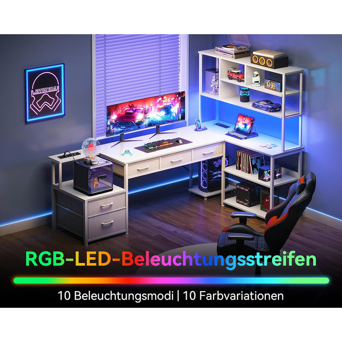 Комп'ютерний стіл Coleshome з 5 шухлядами та 4 полицями 180x100 см, L-подібний стіл з LED-підсвіткою, розетками та USB, великий стіл для home office, білий