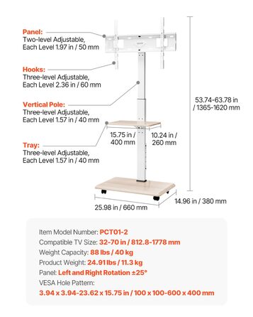 Підставка для телевізора VEVOR на роликах, регульована по висоті, поворотна (25°), з полицею, для телевізорів 81-178 см (до 40 кг), для спальні/вітальні