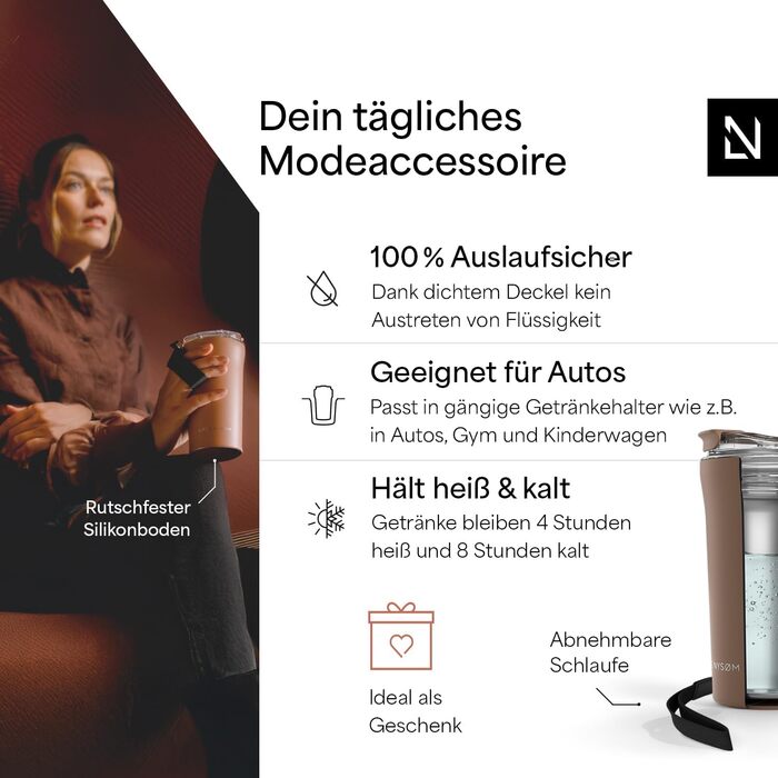 Термокружка для кави та чаю Lars Nysøm 380мл з Tritan кришкою та петлею | Термокружка з нержавіючої сталі, ізольована, витокозахисна, 500мл, Mocha Brown