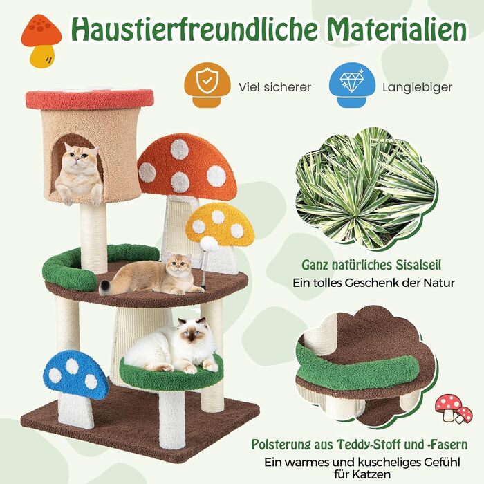 Дерев'яний кігтечка для котів COSTWAY з печеринами та платформою, з сизалевим покриттям, 59x48x102 см, кольоровий