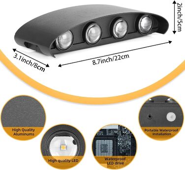 Світлодіодна настінна лампа Lureshine 2 шт., 22x8x5 см, чорний, IP65, 3000K, для вітальні
