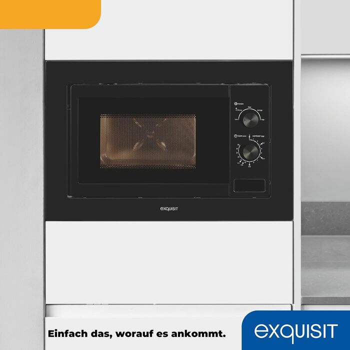 Вбудована мікрохвильова піч Exquisit EMW20-DG-020 | 800 Вт, 1000 Вт гриль, 8 автопрограм, діаметр обертового столу 27 см, нержавіюча сталь, чорний колір, ручне керування