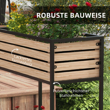 Outsunny Wooden Raised Garden Bed 2-Tier Flower Box with Storage Elevated Vegetable Bed with Interior Fleece Herb Bed Light Brown 83 x 39 x 100 cm