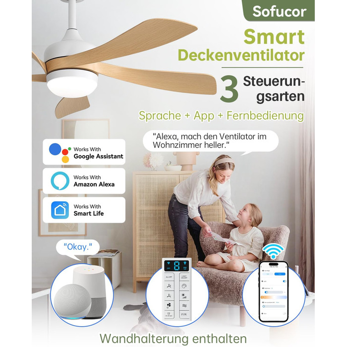 Стельовий вентилятор з підсвічуванням Sofucor Smart 132 см, управління Alexa/APP, пульт, 3 режими світла, таймер, 6 швидкостей, тихий DC мотор для вітальні (колір Log)