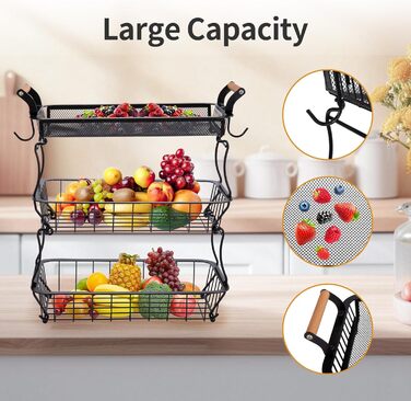 Металевий фруктовий кошик на 3 яруси з підставкою для бананів - чорний | Для кухні, обідньої зони, комори