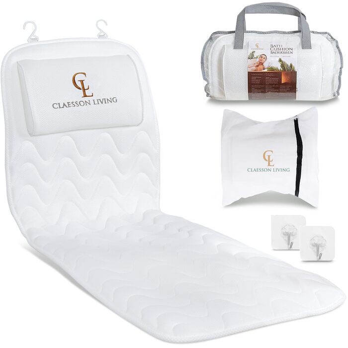 Подушка для ванни для всього тіла, 125x43 см. Килимок для ванни з підголовником, підтримка шиї, спини та ніг. З мішком для прання та сумкою для подорожей, гачками для швидкого сушіння. Білий.
