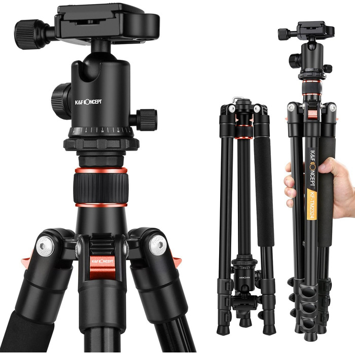 Штатив для камери K&F Concept TM2324 з кульковою головкою, швидкознімною платформою та сумкою. Алюміній, 156 см, 1358 г, чорний/помаранчевий