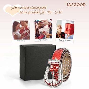 Жіночий шкіряний ремінь JasGood з камінням, в стилі вестерн, ковбойський, з заклепками для джинсів та штанів (Червоний, 135 см - підходить для розміру штанів 111-123 см)