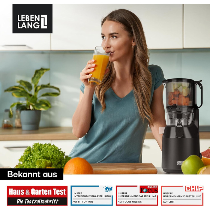 Електричний соковитискач LEBENLANG Slow Juicer з рецептами та великим соковидом 135 мм | Для фруктів, овочів, 100% BPA-Free | Мастикуючий соковитискач