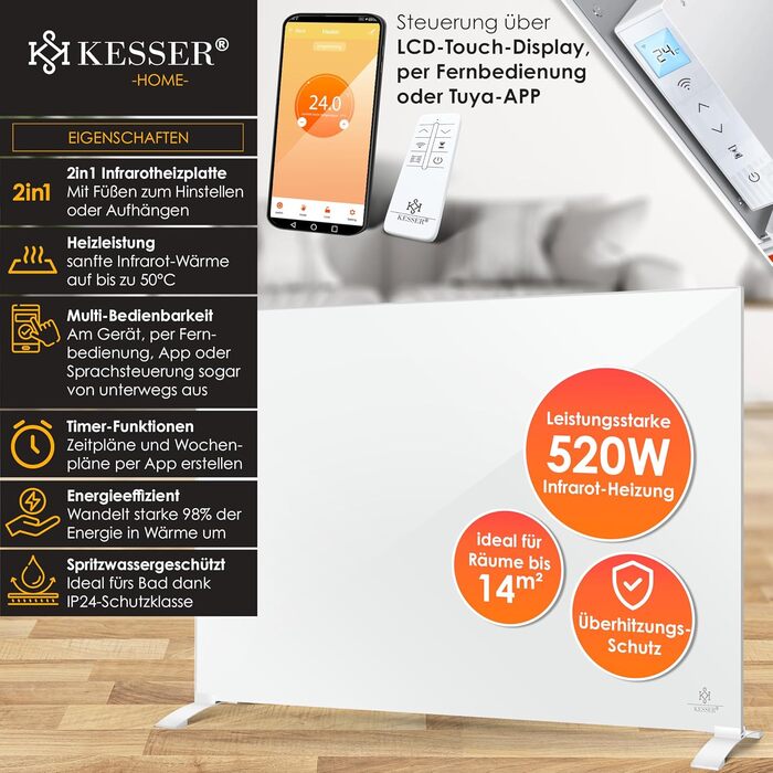 Інфрачервовий обігрівач KESSER 520W з алюмінію, 2-в-1: підлоговий та настінний. Енергозберігаючий з Wi-Fi керуванням, датчиком вікон та пультом. Білий.