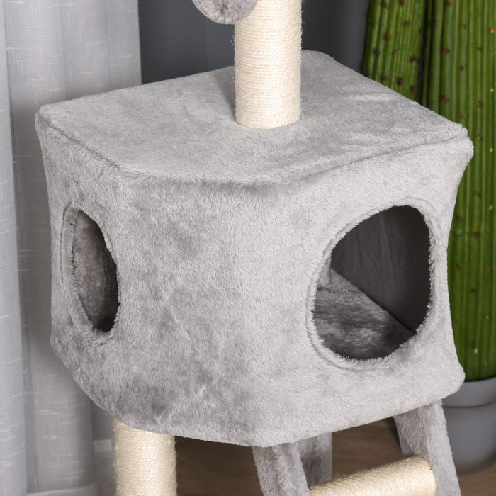 PawHut Дряпка-стовпчик стабільний з котячою печеркою та сходами 60 x 48 x 122 см для кошенят з сизалю в світло-сірому кольорі