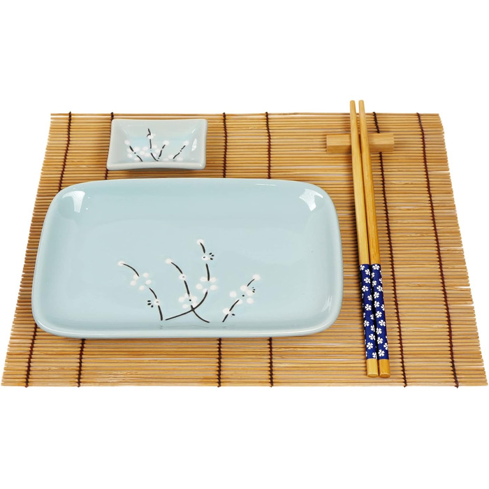 Набір для суші Exzact (10 шт.) – 2 тарілки, 2 миски для соусу, 2 підставки під столові прилади, 2 пари паличок для їжі – високоякісний фарфор, у подарунковій коробці – блакитний колір