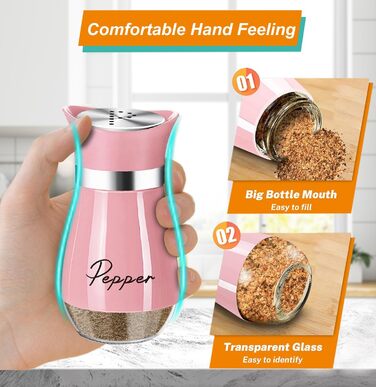 Набір для солі та перцю з нержавіючої сталі з скляною пляшечкою, дозатор спецій, кухонне приладдя для дому, кухні, ресторану, обіднього столу (Рожевий)