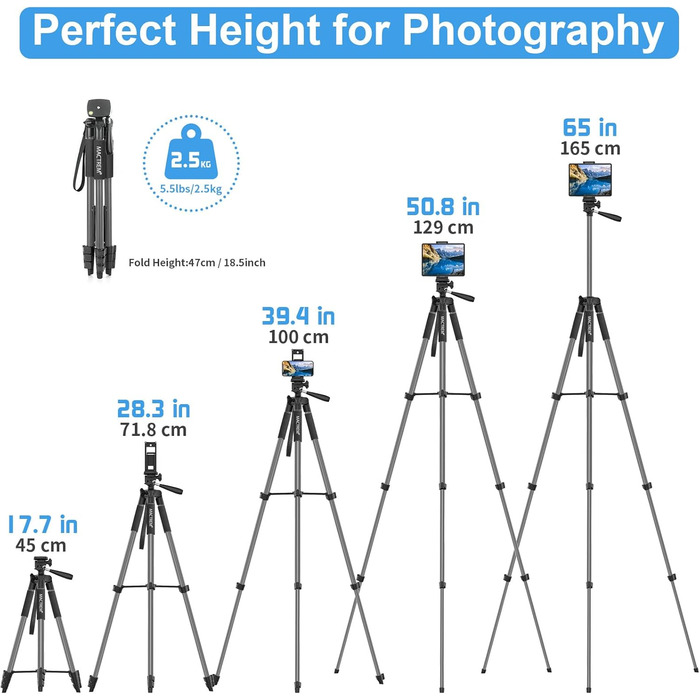Штатив Handy Upgrade 165 см для камери, смартфона, iPad. 360° обертання, портативний трипод з пультом дистанційного керування. Сумісний з усіма телефонами, iPhone, Samsung, камерами, GoPro (сірий)
