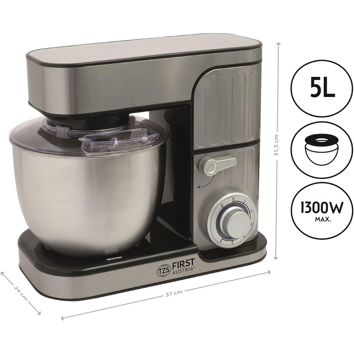Кухонна машина TZS First Austria Profi Küchenmaschine 1300 Вт, 5 л, 6 швидкостей, з функцією замішування тіста, стаціонарна, нержавіюча сталь
