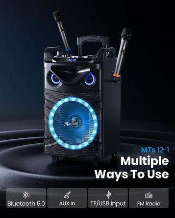Moukey Karaoke Машина MK3021: Караоке система з вокером 26см, твітером 8см, 2 мікрофонами, Bluetooth, світло, AUX/USB/TF/FM