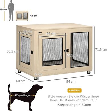 Клітка для собак PawHut з 2 дверцятами, знімний матрац, сучасна сталева собача будка для дому, підходить для великих собак до 30 кг, розмір 94x60x71,5 см, білий (дуб)