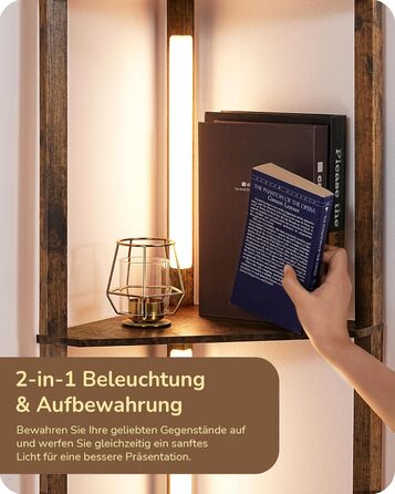 LED торшер EDISHINE з 4 дерев'яними полицями, регульоване освітлення, 3 колірні температури, поворотний світловий стержень, підсвічування полиць, футовий вимикач, вінтажний коричневий
