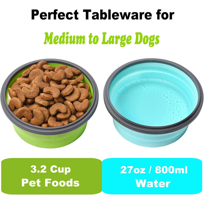 Складані миски для собак з силікону для їжі та води, для подорожей, з кришкою, портативні, розширювані, для домашніх тварин, для прогулянок, кемпінгу, 2 шт. блакитний / зелений (Large, блакитний / зелений)