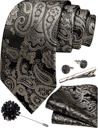 Набір краваток для чоловіків: краватка, нагрудна хустинка, краватки-слейв, краватки-кліпси, запонки, шпилька, 5 шт. (чорний та темно-золотий)