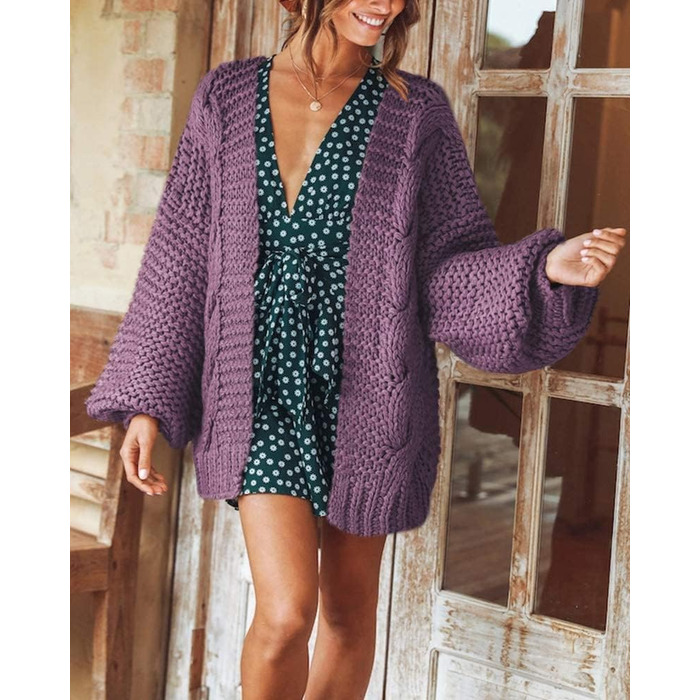Кардиган Cicy Bell Daen з в'язаного полотна, оверсайз, з довгими рукавами-ліхтариками, оливковий (M, фіолетовий)
