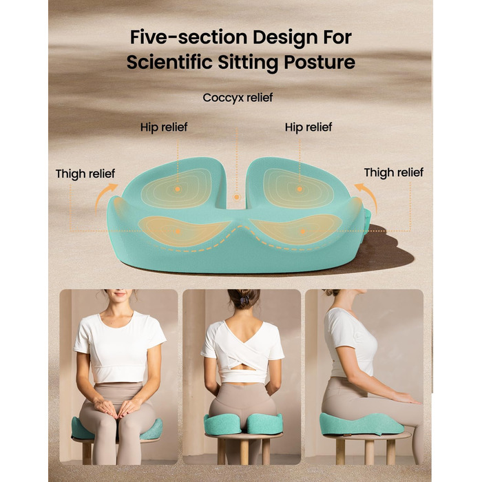 Ортопедична подушка для сидіння ProtoArc для офісного крісла, ергономічна подушка для куприка з піною з пам'яті, рівномірний розподіл тиску, подушка для куприка для повсякденного комфорту для інвалідного візка, авто (М'ятно-зелений, великий)