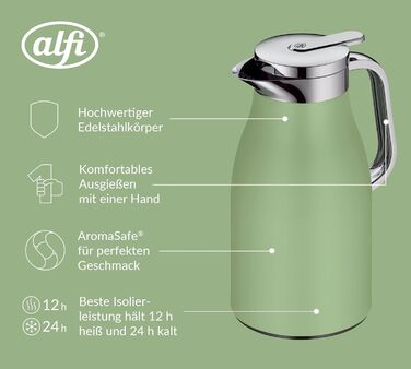 Термос Alfi SKYLINE 1.0л з нержавіючої сталі з гігієнічним скляним вкладишем, поворотним кришкою з зручною кнопкою, ергономічною ручкою, для однієї руки, ідеальний як чайник для кави та чаю (1000 мл, Celadon Green Mat)