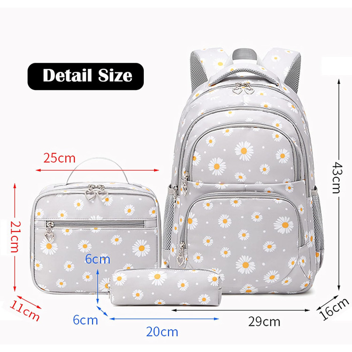 Шкільний рюкзак для дівчаток-підлітків, вінтажний рюкзак-сет, квітковий дизайн, рюкзак для ноутбука, шкільні сумки для жінок, школа, подорожі, з ланч-пакетом та пеналом 3 в 1, сірий