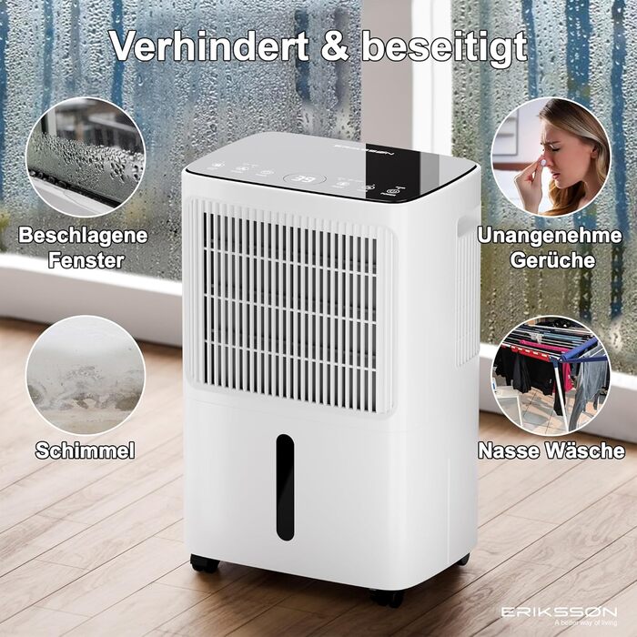 Зволожувач повітря Erikssøn з LED-дисплеєм, таймером та захистом для дітей | Видаляє 16л вологи на добу | Для приміщень до 140м³ (70м²) | Енергоефективний зволожувач повітря з датчиком вологості, білий