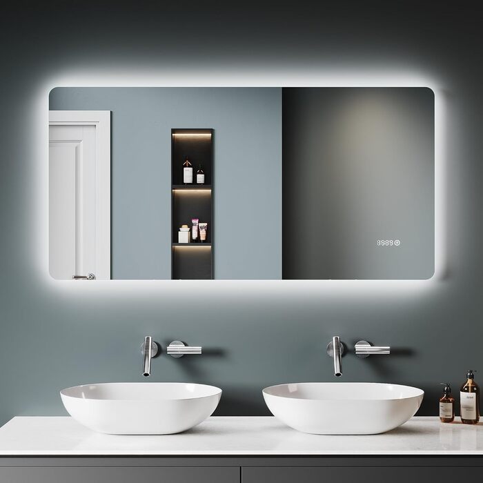 Дзеркало для ванної кімнати SONNI з підсвічуванням 120x60 см, 3 кольори світла, антизапарник, годинник, температура, LED, сенсорне управління, білий