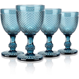 Joeyan 270ml Blue Vintage Wine Glasses with Diamond Relief, Colorful Goblet Glasses Wine Goblet Set for Wine Juice Drinks, Set of 4 Retro Glasses with Stem, Dishwasher Safe