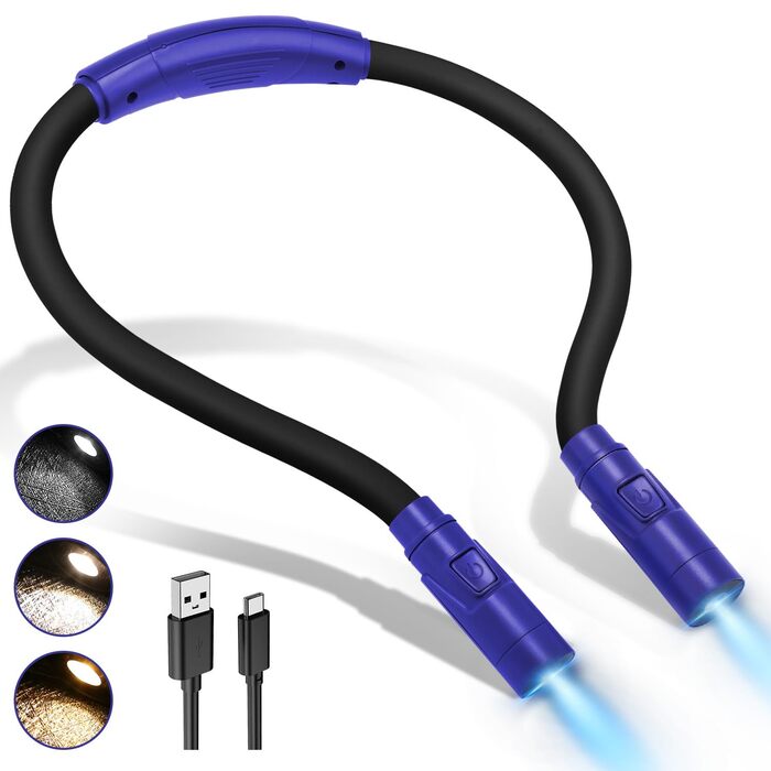 LED лампа на шию LUXJET для читання, в'язання, ремонту - акумуляторна, 3 кольори світла, регульована яскравість (темно-синій)