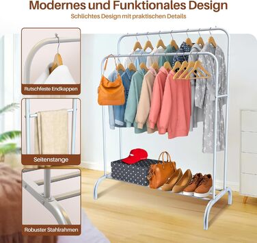 Підставка для одягу PORTENTUM: сталева, до 35 кг, з подвійною перекладиною та полицею для взуття, протиковзкі ніжки, захисні кінчики, швидкий монтаж, білий (без вішалок)