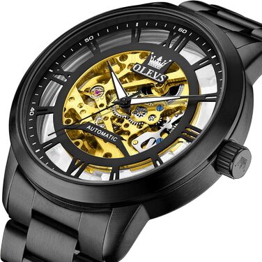Чоловічий годинник OLEVS 6728 з автопідзаводом: механічний турбійон, водонепроникний, сталевий ремінець та підсвітка, чорний колір