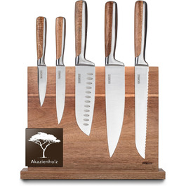 Baumfeld 6-Piece Knife Block Set - Premium Stainless Steel Kitchen Knives with Acacia Wood Magnetic Block - Professional Chef Knife Set