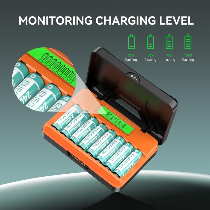 Зарядний пристрій ENEGON 8-Fach для AA/AAA акумуляторів з LCD дисплеєм + 8 Ni-MH AAA акумуляторів 1100mAh, USB-C станція для пульт дистанційного керування, термометрів та електроніки