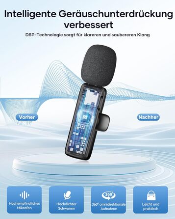 Беспроводной петличный микрофон 2 шт. для iPhone, iPad, Android, YouTube, TikTok, с шумоподавлением, Plug & Play, для видео, подкастов, черный