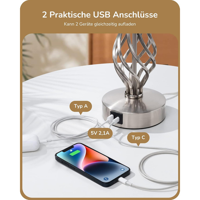 LED-лампа на тумбочку EDISHINE, 2 шт. в наборі, торшери з USB, диммування, сірий абажур, для спальні, вітальні, подарунок