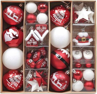 Набір ялинкових прикрас Valery Madelyn 50 шт. - кульки з пластику, червоно-білі, для ялинки, святкова декорaція